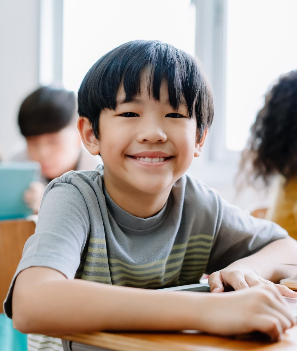 Asian boy smiling looking at camera and using laptop in computer class at the elementary school